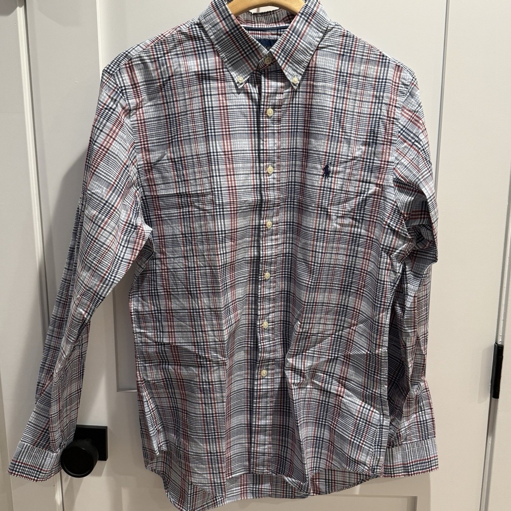 Ralph Lauren Slim Fit Cotton Stretch Red White Blue Mens Plaid Shirt Preppy LG